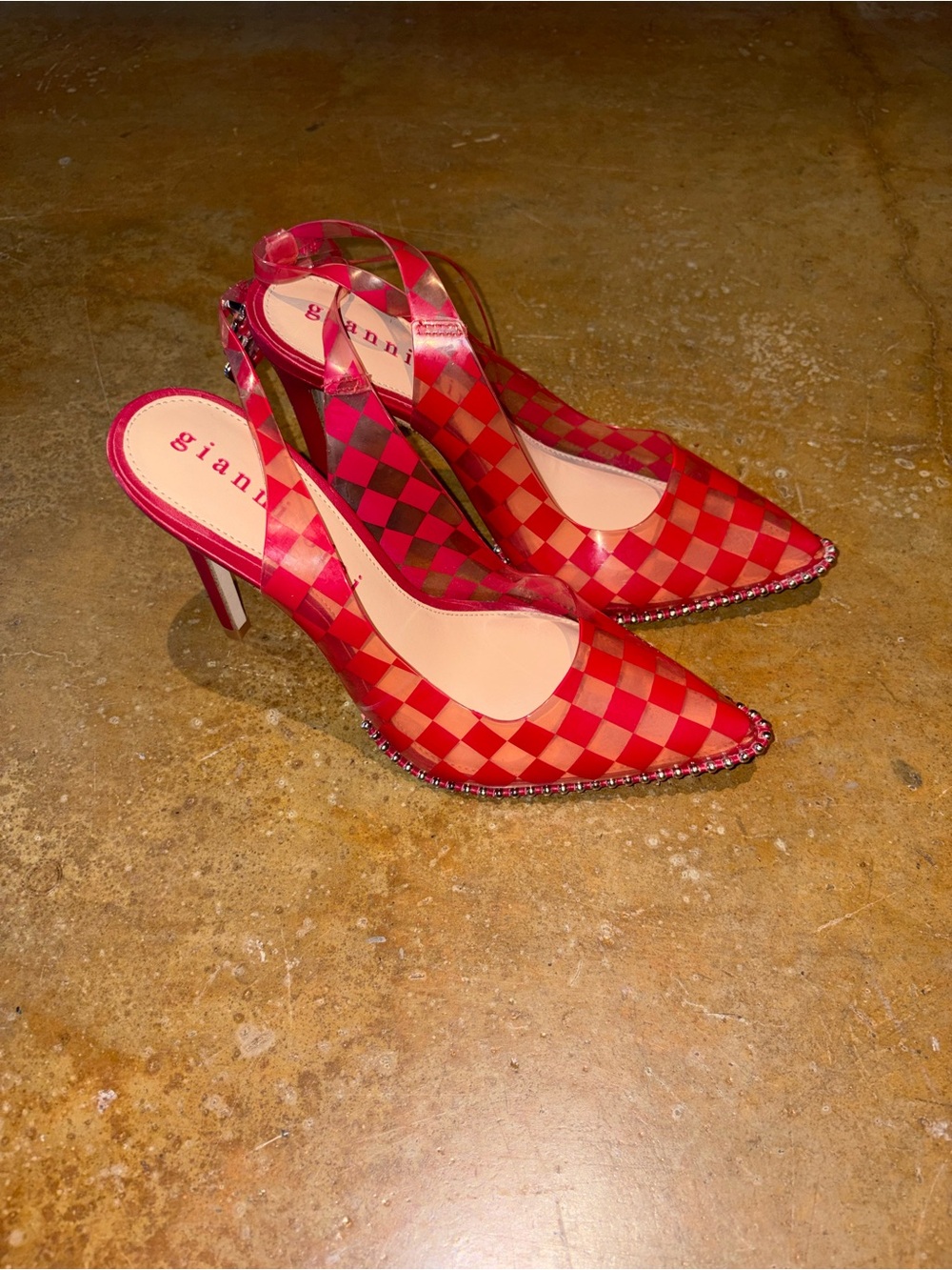 Gianvito Rossi Red Checkered Slingback Pumps with Crystal Trim